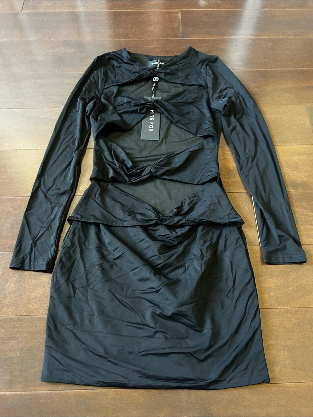White Fox Boutique Black Long-Sleeve Mini Dress with Twist Detail